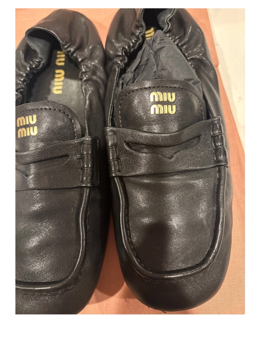 Miu Miu Black nappa Leather Ruches Loafers with gold logo size 39 with box - Picture 6 of 16